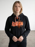 Rewearz black vintage MLB baseball hoodie with orange embroidered logo and lace-up detail.