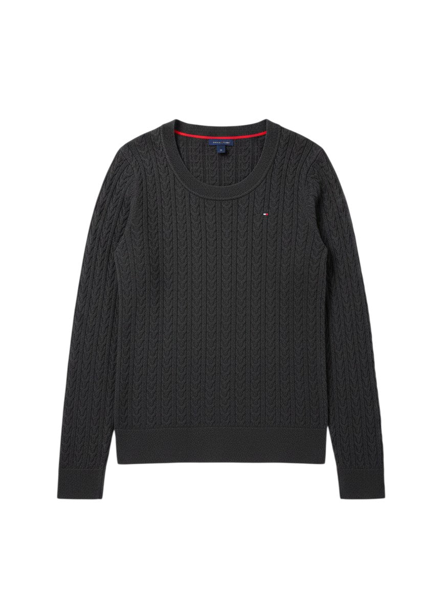Tommy Hilfiger black cable knit crewneck sweater with embroidered flag logo on chest. Cotton blend.