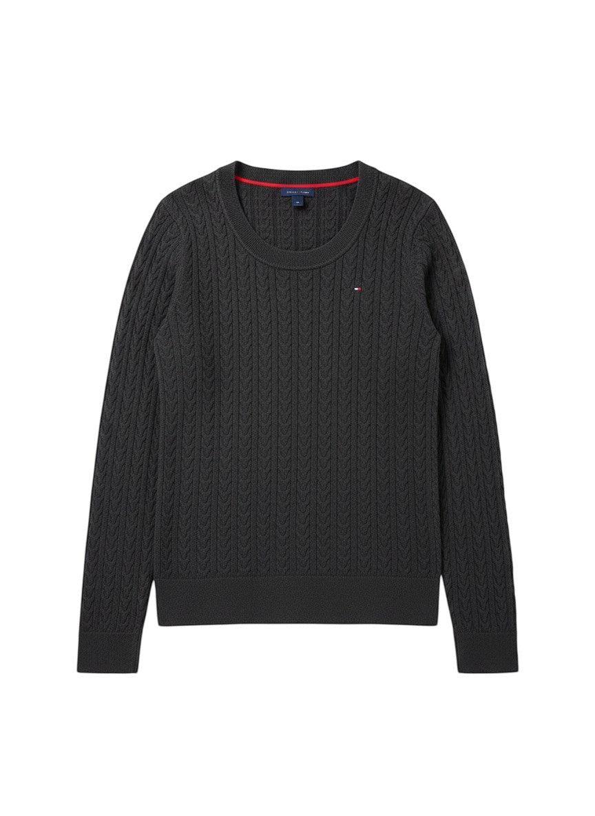 Tommy Hilfiger black cable knit crewneck sweater with embroidered flag logo on chest. Cotton blend.