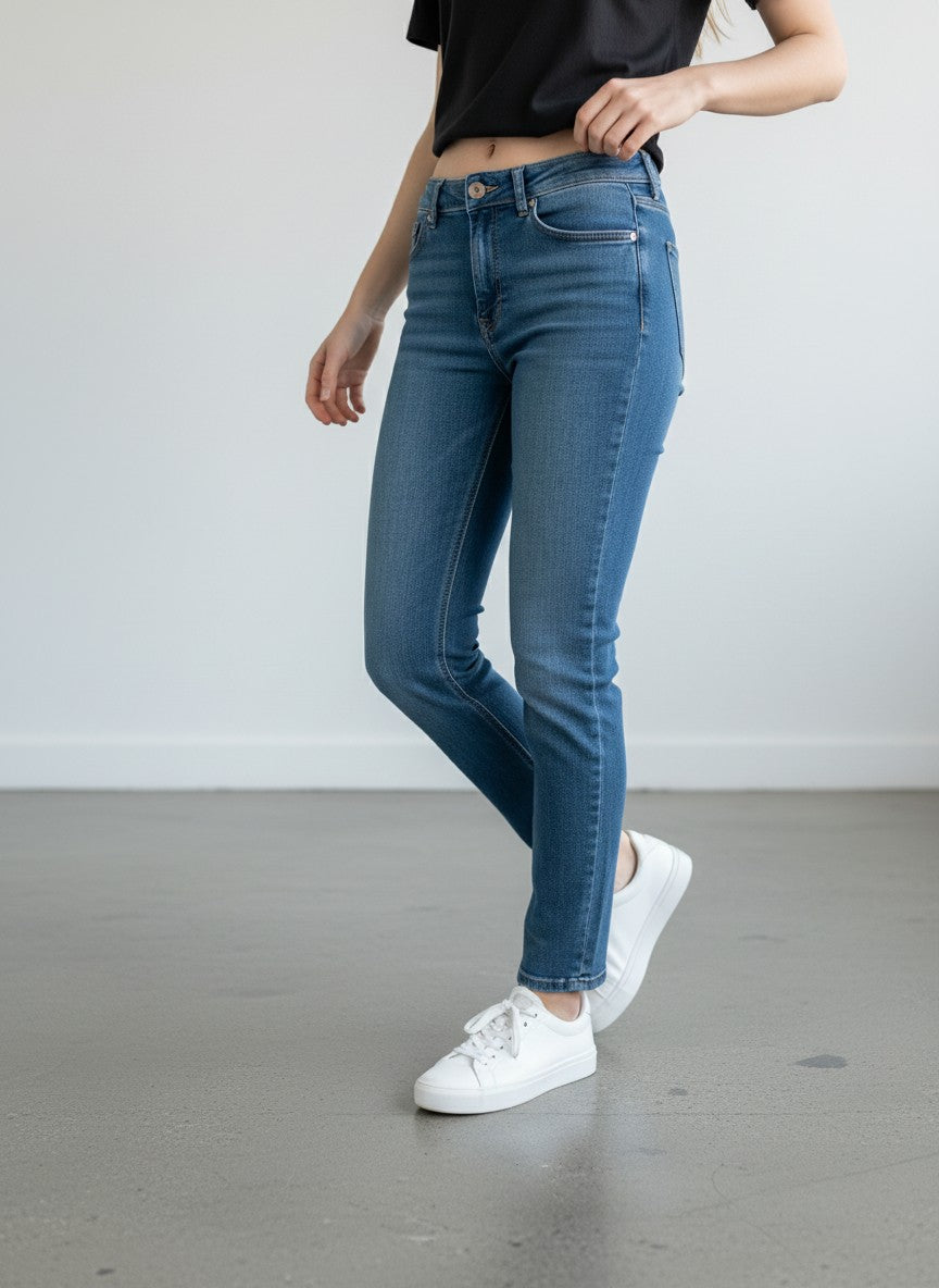 Rewearz blue denim jeans with straight fit, graphic embroidery, and rhinestone details. Y2K style.