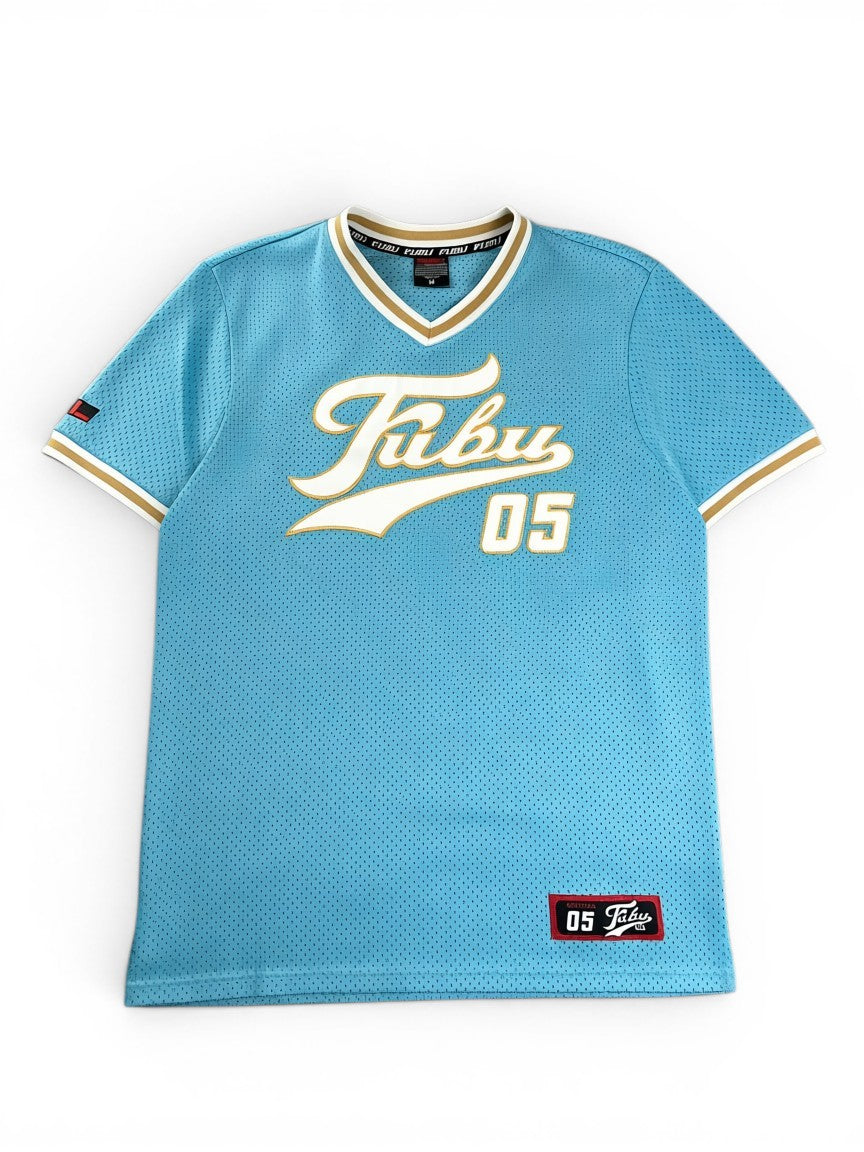 Rewearz light blue FUBU oversized baseball jersey with embroidered logo and '05' detail. Mesh fabric with gold and white trim.