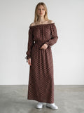 Rewearz Hayden LA brown off-the-shoulder long summer dress with diamond pattern and cinched waist.