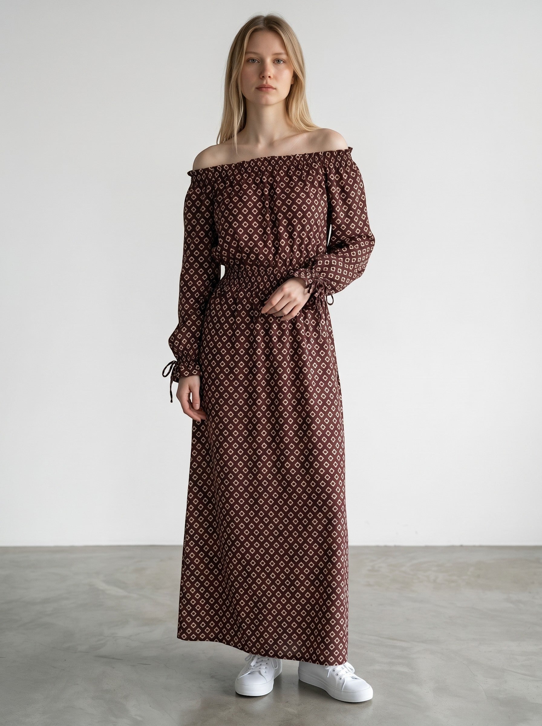 Rewearz Hayden LA brown off-the-shoulder long summer dress with diamond pattern and cinched waist.