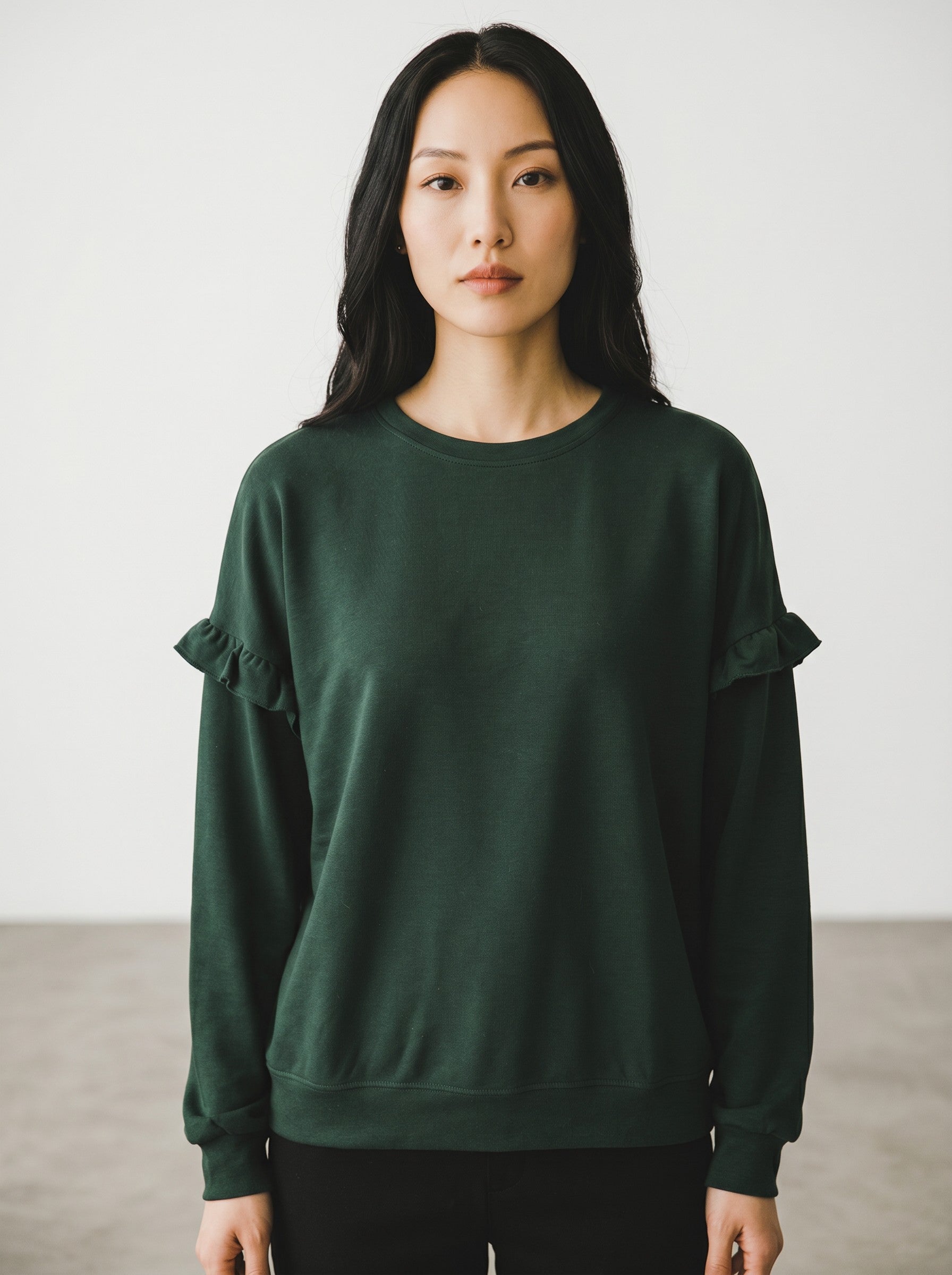 Rewearz green crew neck knit sweater with ruffle details on shoulders, oversized fit.