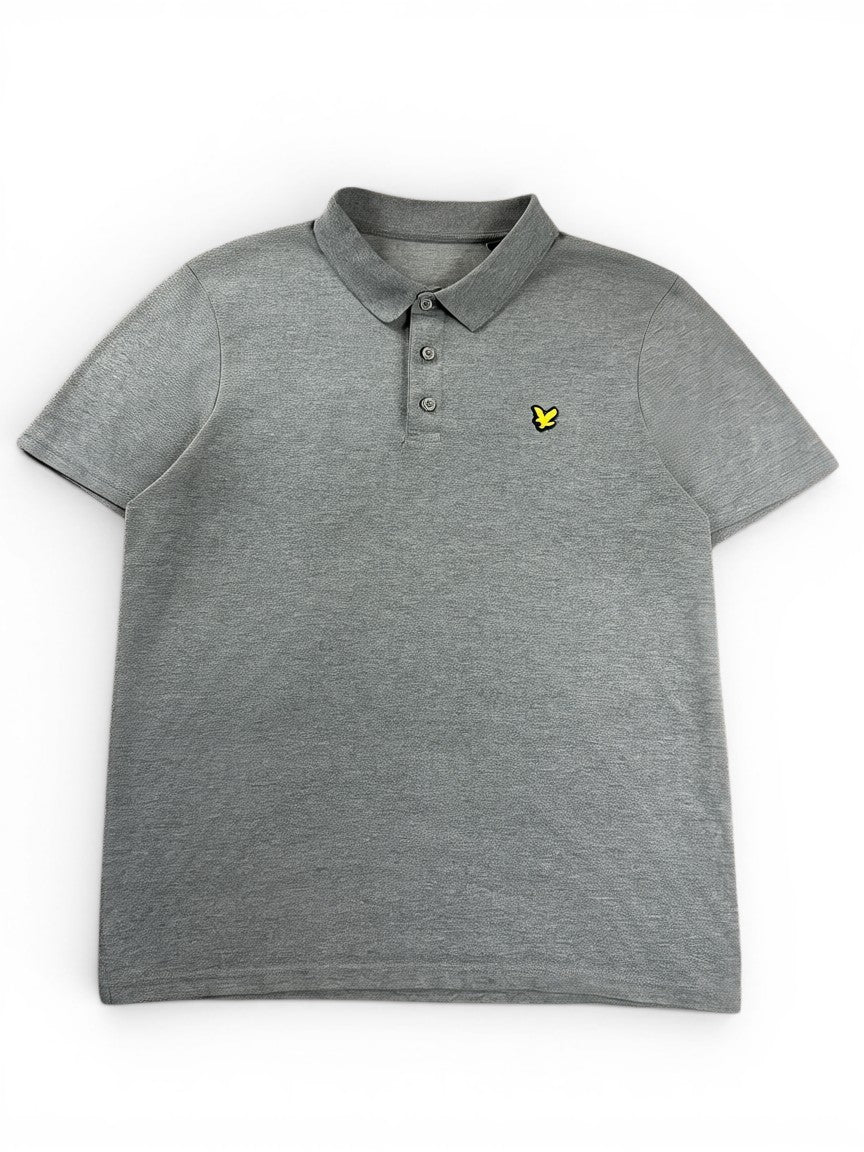 Rewearz grey cotton short-sleeve polo shirt with yellow embroidered Lyle & Scott logo on chest, size XL.