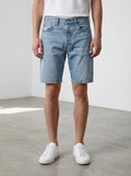 Rewearz light wash blue denim Levi's 501 jort shorts with a straight fit and button fly.