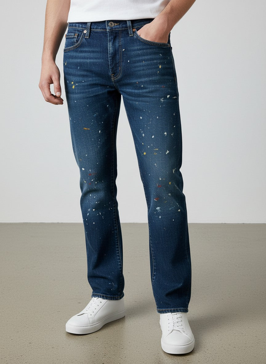 Rewearz Levi's 502 Taper jeans in dark blue denim with paint splatter detail. Modern fit.