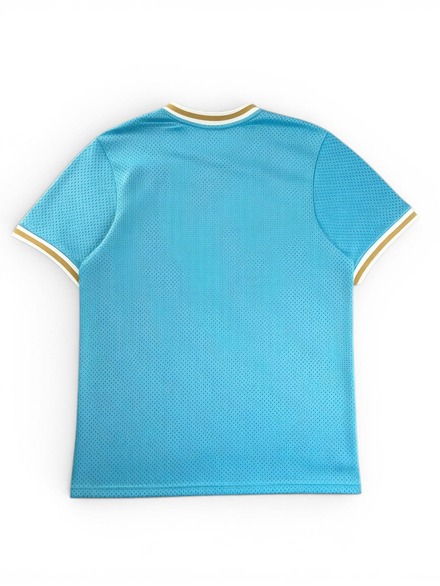 Rewearz light blue mesh baseball jersey with oversized fit and gold trim on collar and sleeves.