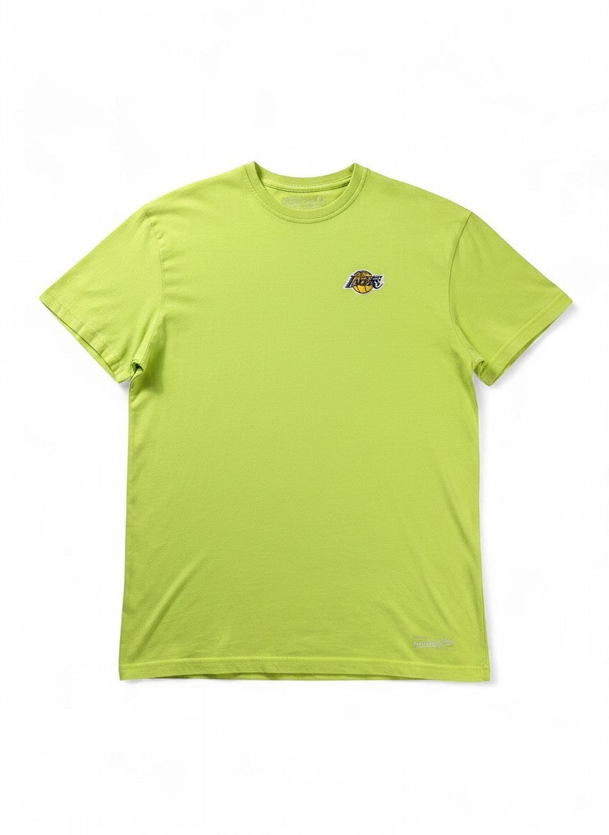 Rewearz lime green short-sleeve t-shirt with embroidered Los Angeles Lakers logo on the chest. Cotton blend, standard fit.