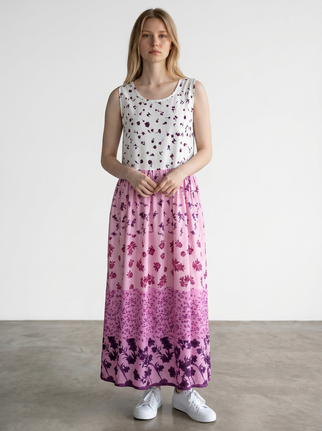 Rewearz long sleeveless bohemian dress with pink and white floral print, size 1XL.