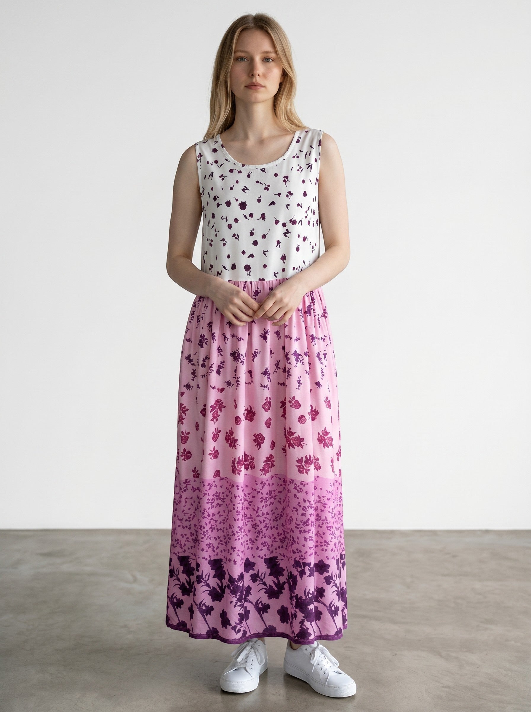 Rewearz long sleeveless bohemian dress with pink and white floral print, size 1XL.