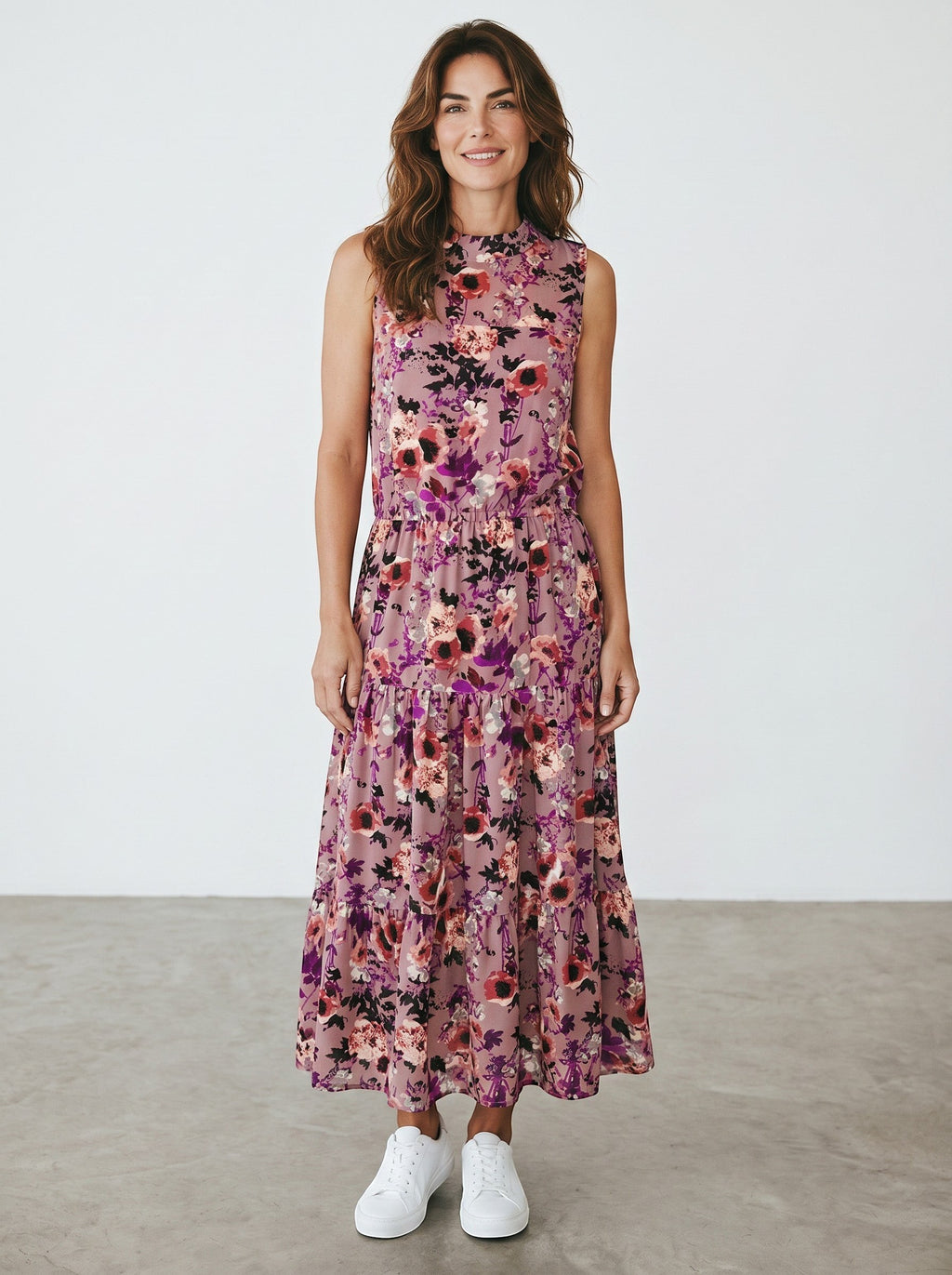 Rewearz mauve floral print sleeveless maxi dress with high neck and tiered skirt, bohemian style.