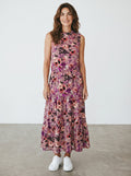 Rewearz mauve floral print sleeveless maxi dress with high neck and tiered skirt, bohemian style.