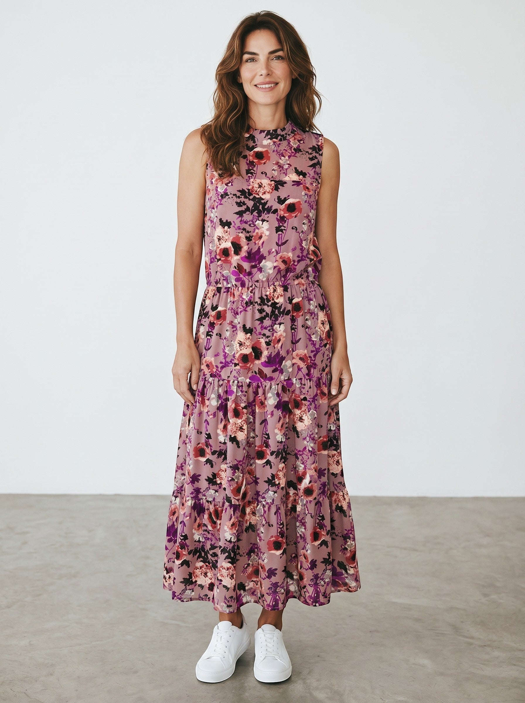 Rewearz mauve floral print sleeveless maxi dress with high neck and tiered skirt, bohemian style.