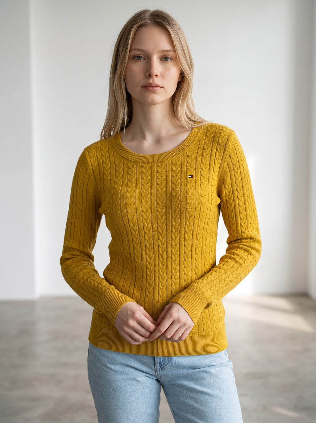 Tommy Hilfiger mustard yellow cotton cable knit crew neck sweater with embroidered logo