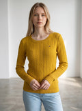 Tommy Hilfiger mustard yellow cotton cable knit crew neck sweater with embroidered logo