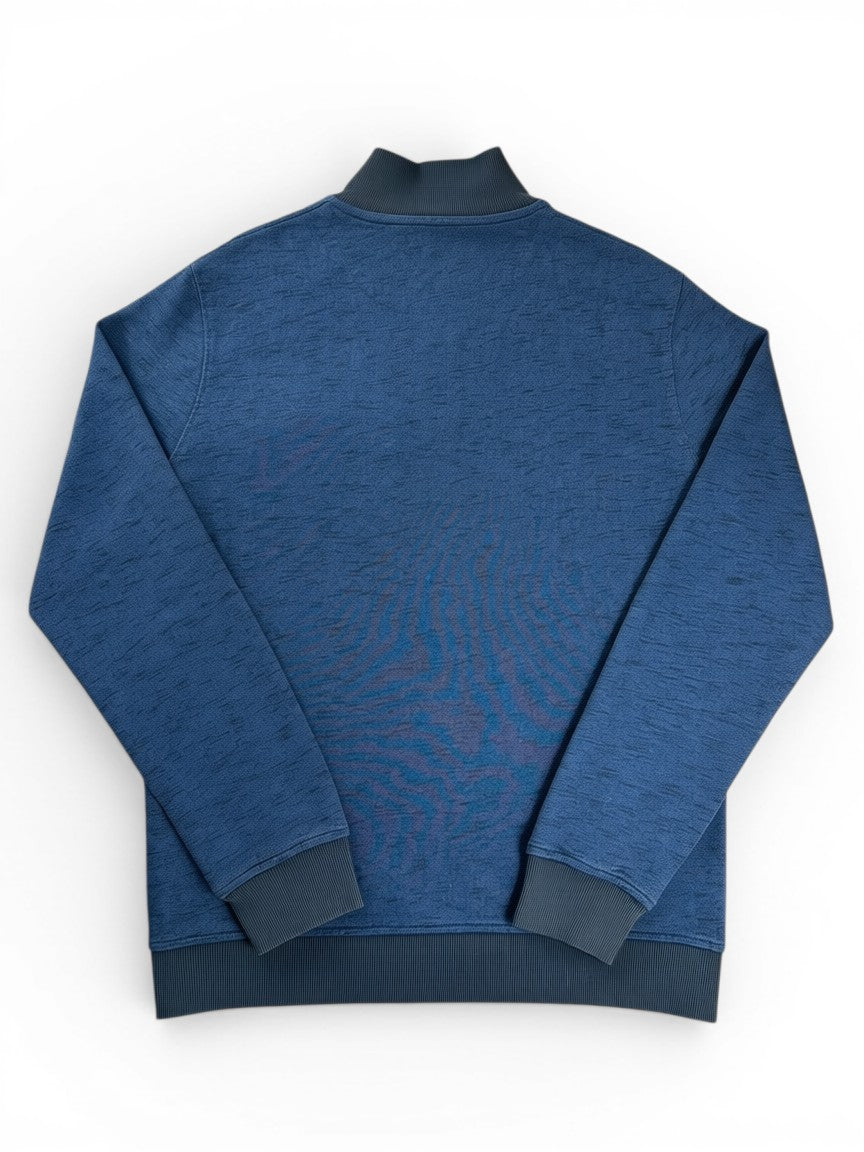 Rewearz navy blue marled knit quarter zip pullover sweater with ribbed cuffs and hem.
