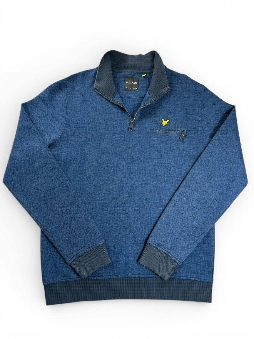 Rewearz navy blue marled knit quarter-zip pullover sweatshirt with embroidered yellow eagle logo and zippered chest pocket.