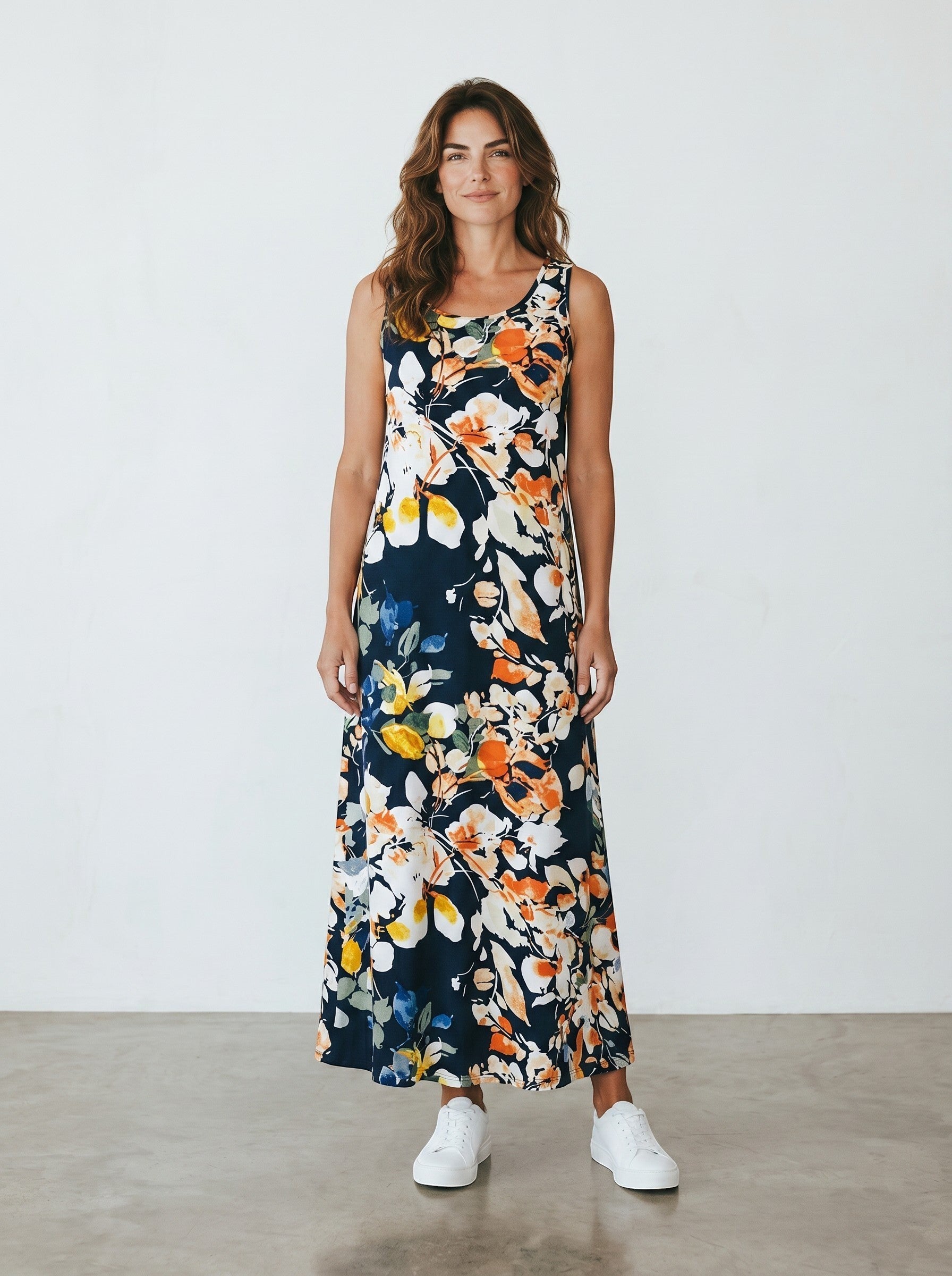 Rewearz Emery Rose navy blue floral print maxi dress with scoop neck and sleeveless design, size M. Boho summer style.