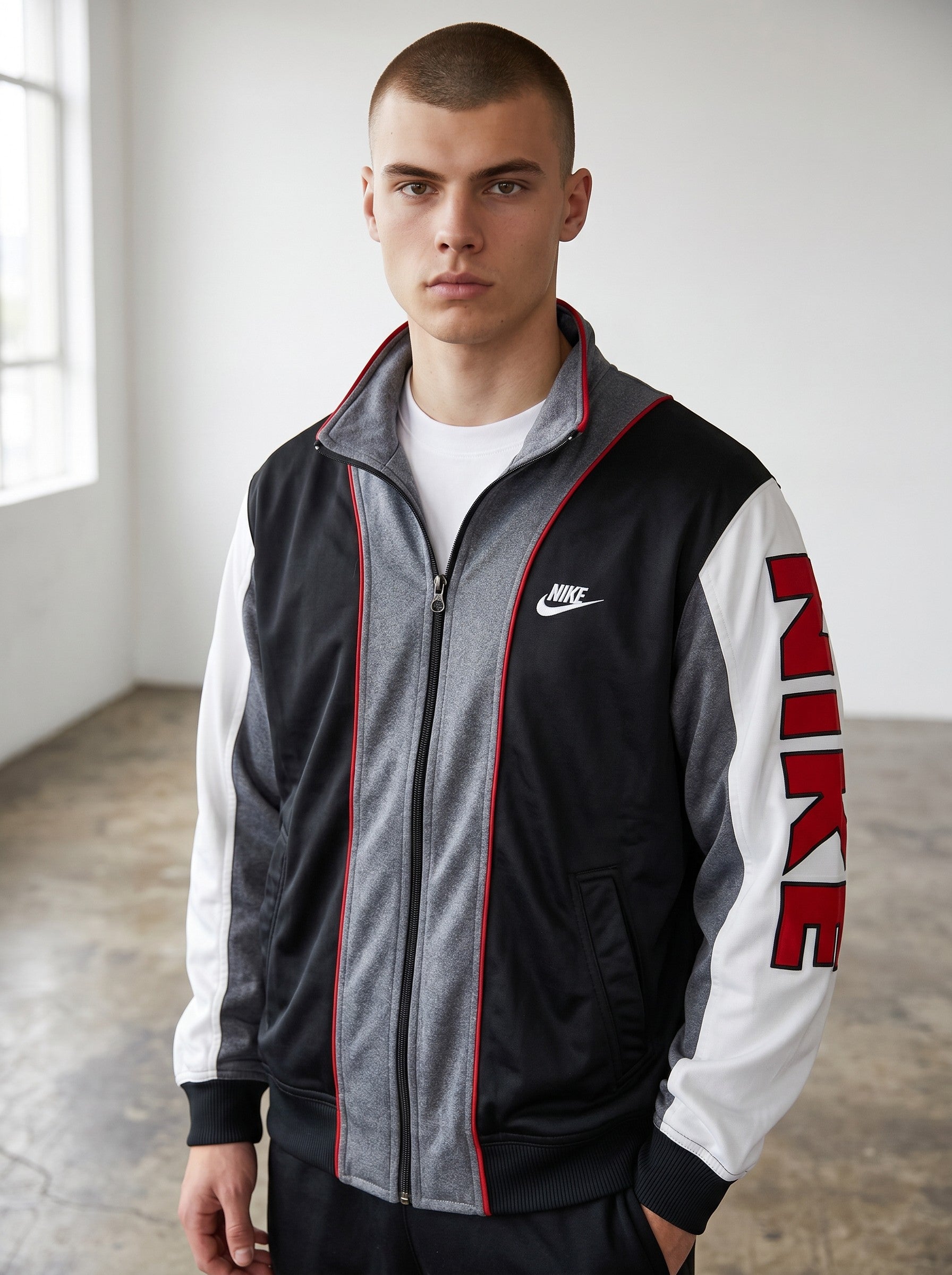 Rewearz vintage 90s Nike oversized tracksuit jacket in black, grey, and white with embroidered logo and red trim.