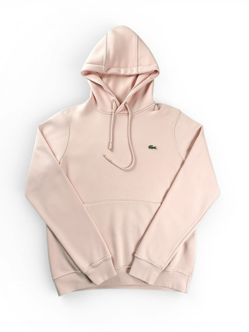 Rewearz pink cotton blend hoodie with embroidered green crocodile logo on chest, drawstring hood, and front pocket. Size 3 small.