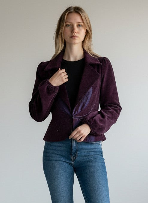 Rewearz vintage Y2K purple velvet jacket with butterfly detail, puff sleeves, and fitted waist. Made in USA.