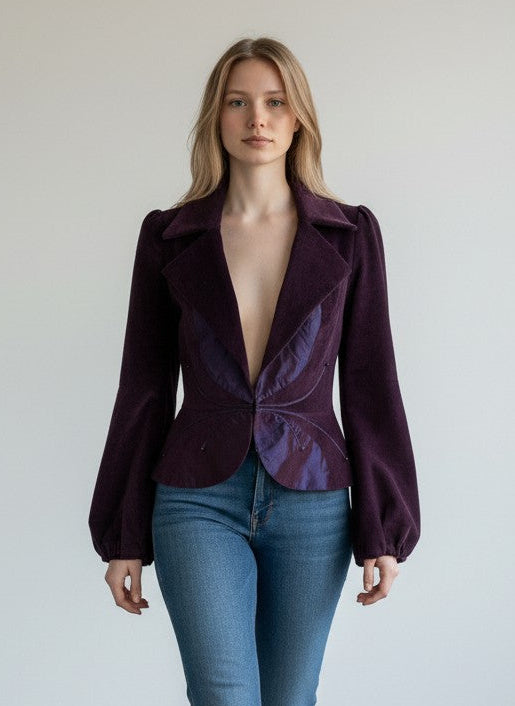 Rewearz vintage Y2K purple velvet jacket with butterfly detail, puff sleeves, and structured collar. Made in USA.