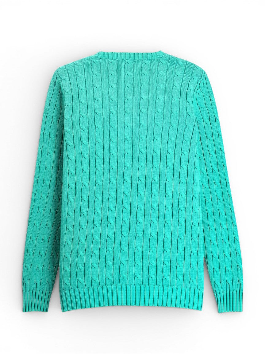 Rewearz Ralph Lauren turquoise cable knit cotton sweater with red embroidered Pony logo on chest.