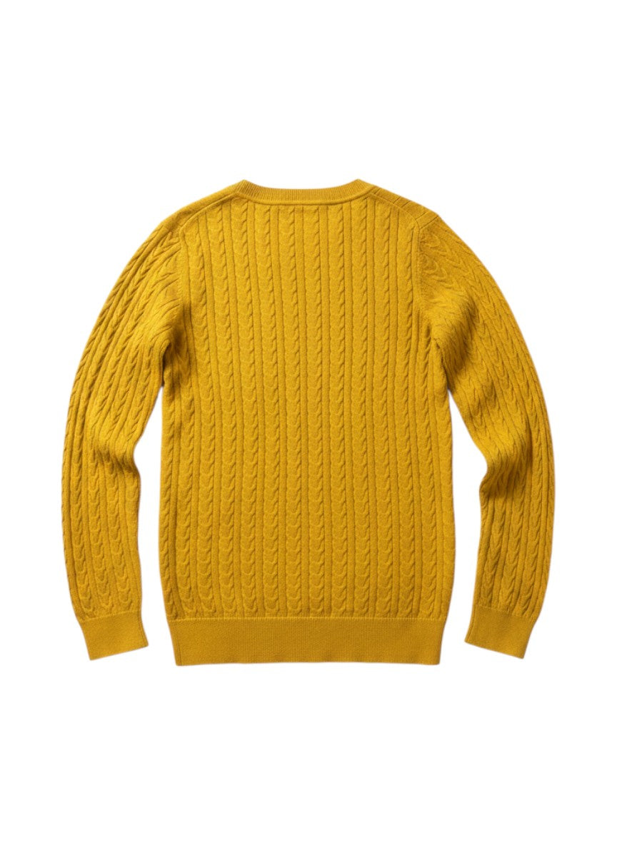 Tommy Hilfiger mustard yellow cotton cable knit crewneck sweater with embroidered logo detail.