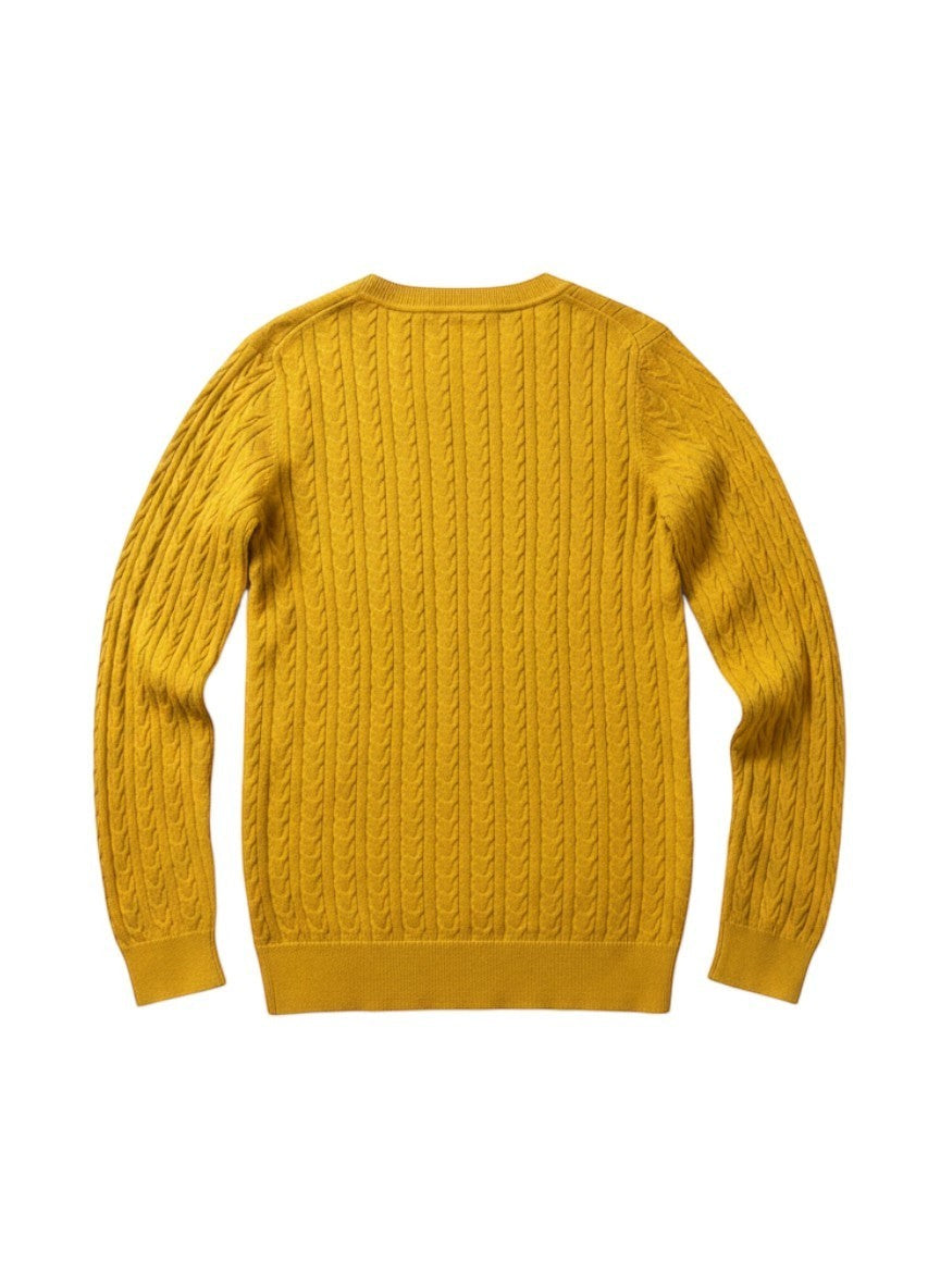 Tommy Hilfiger mustard yellow cotton cable knit crewneck sweater with embroidered logo detail.
