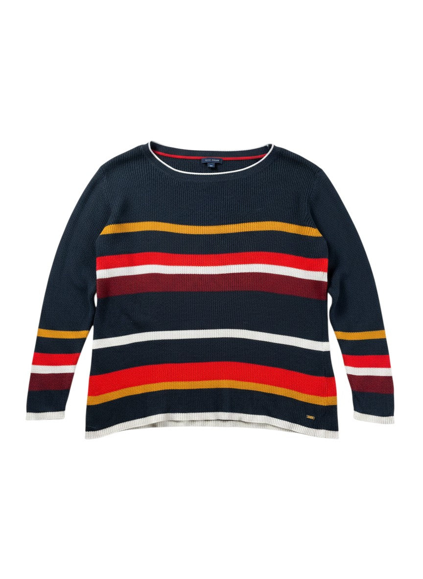 Rewearz Tommy Hilfiger navy blue oversized sweater with horizontal multicolor stripes and white trim.