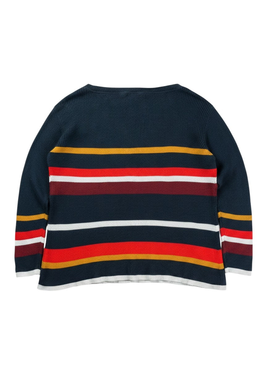 Tommy Hilfiger navy blue oversized knit sweater with horizontal multicolour stripes on body and sleeves.