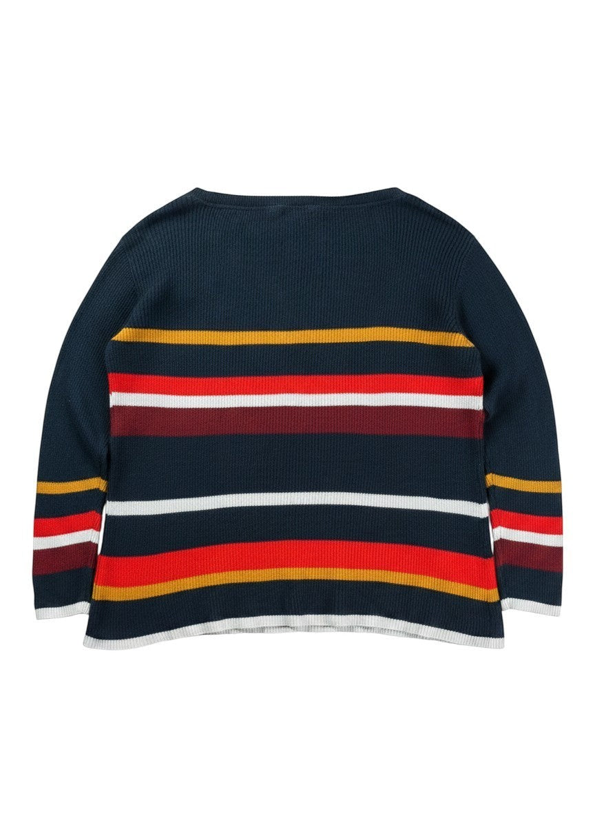 Tommy Hilfiger navy blue oversized knit sweater with horizontal multicolour stripes on body and sleeves.