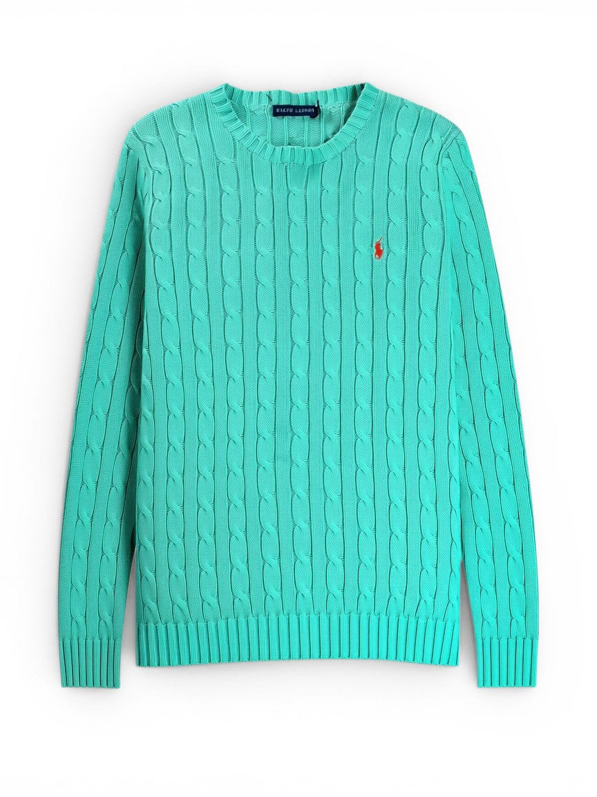 Ralph Lauren turquoise cable knit sweater with red embroidered Pony logo on chest, 100% cotton.
