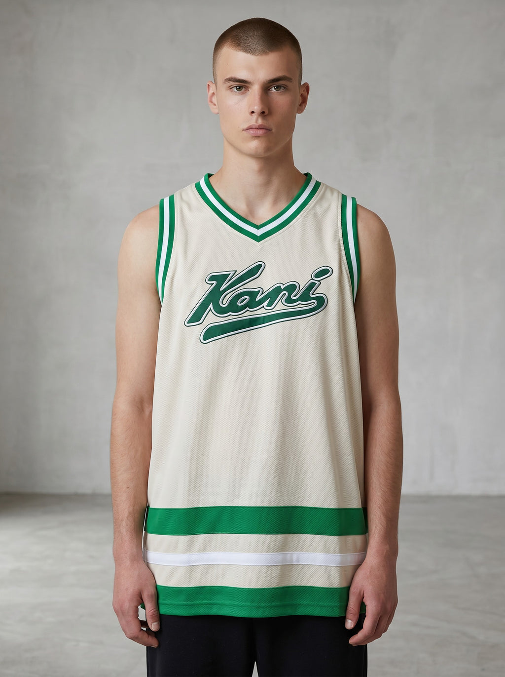 RewearzHere Karl Kani vintage cream and green basketball jersey with embroidered logos, Y2K hip hop style.