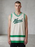 RewearzHere Karl Kani vintage cream and green basketball jersey with embroidered logos, Y2K hip hop style.
