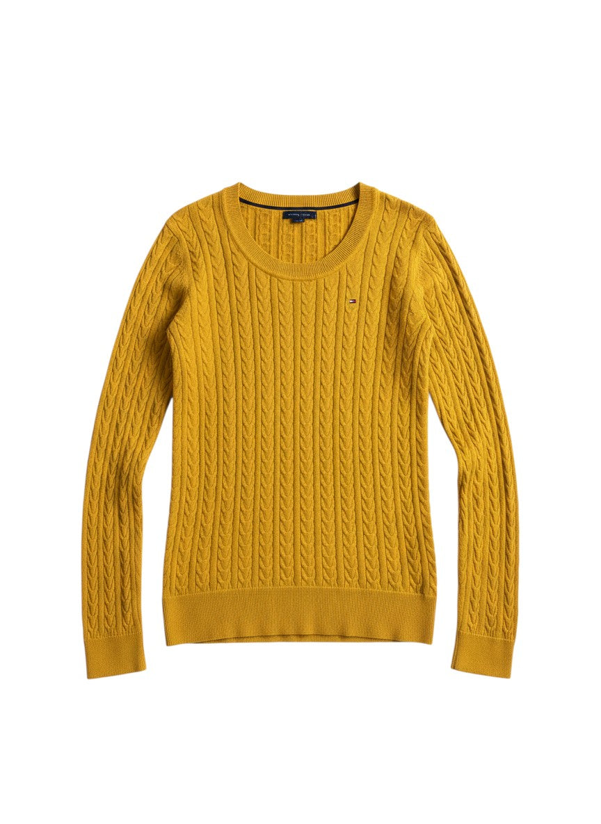 RewearzHere mustard yellow Tommy Hilfiger crewneck cable knit cotton sweater with embroidered logo