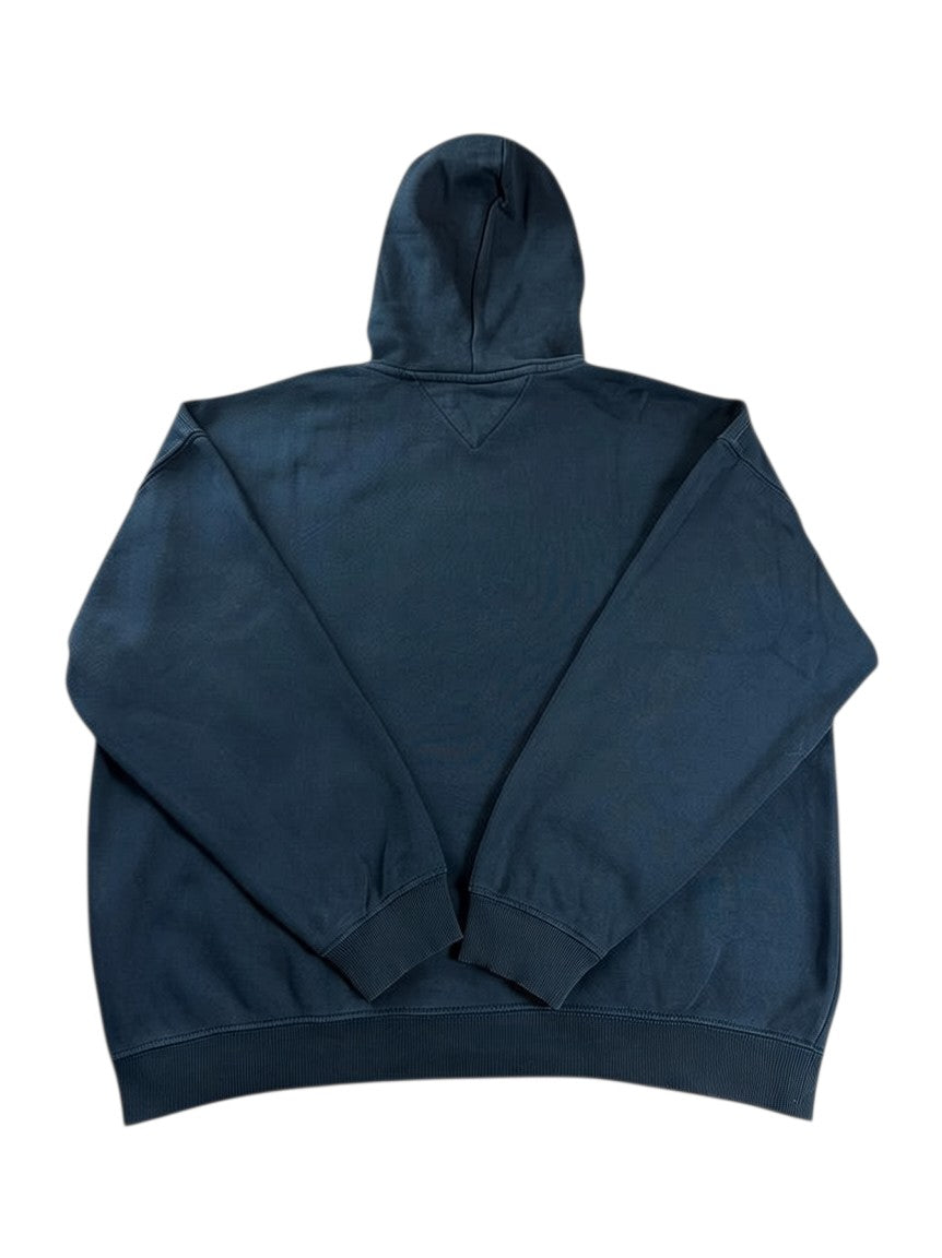 Tommy Jeans navy blue cotton boxy fit hoodie with embroidered central logo and drop shoulders.