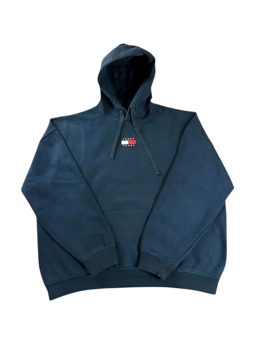 Tommy Jeans navy blue cotton boxy fit hoodie with central embroidered logo. Drawstring hood.
