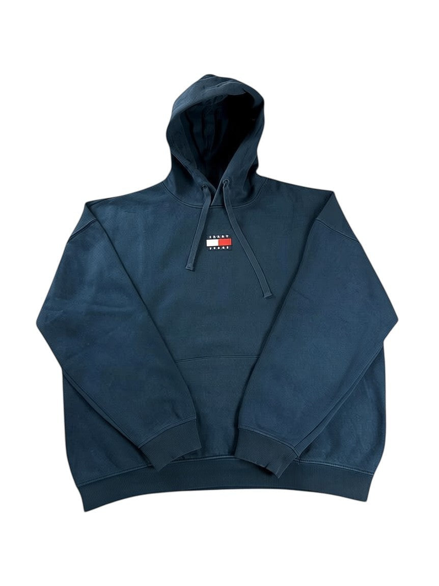 Tommy Jeans navy blue cotton boxy fit hoodie with central embroidered logo. Drawstring hood.